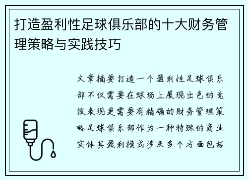 打造盈利性足球俱乐部的十大财务管理策略与实践技巧