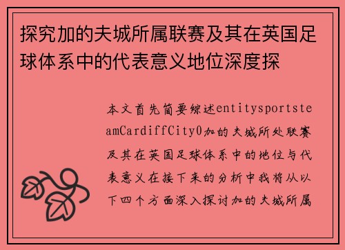 探究加的夫城所属联赛及其在英国足球体系中的代表意义地位深度探
