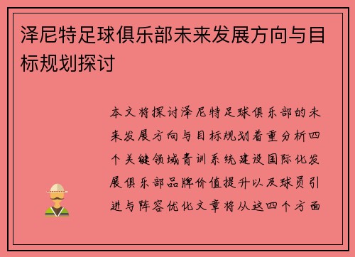 泽尼特足球俱乐部未来发展方向与目标规划探讨